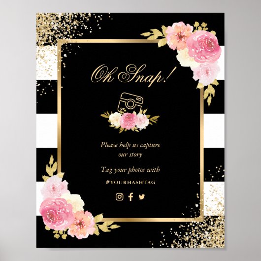 Black Gold Pink Floral Social Media Hochzeitszeich Poster (Vorne)