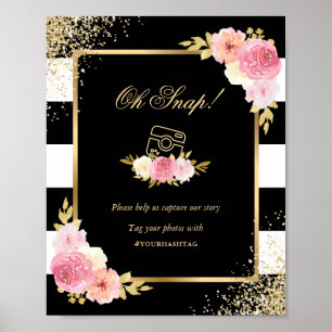 Black Gold Pink Floral Wedding Social Media Sign Poster