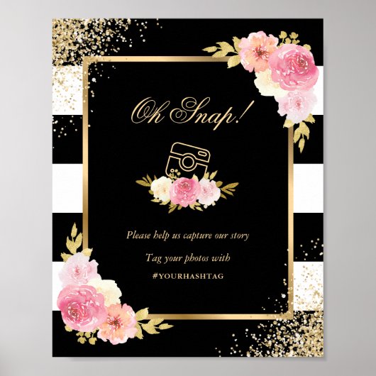 Black Gold Pink Floral Wedding Social Media Sign Poster (Vorne)