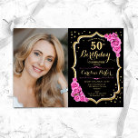 Black Gold Pink Foto 50. Geburtstag Einladung<br><div class="desc">Elegante Blumenladen zum 50. Geburtstag mit Ihrem Foto. Glam schwarz rosa Design mit Imitaten Glitzer Gold. Enthält rosa Rosen,  Skript-Schriftart und Konfetti. Ideal für ein stilvolles Party für Erwachsene. Personalisieren Sie Ihre persönlichen Daten. Kann für jedes Alter angepasst werden! Gedruckte Zazzle Einladungen oder Sofortdownload digitalen druckbaren Vorlage.</div>