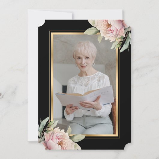 Black Gold Pink Peony Foto Feier des Lebens Einladung (Rückseite)