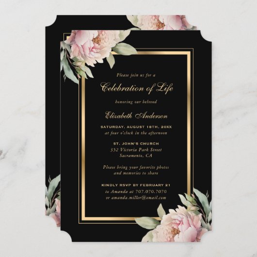 Black Gold Pink Peony Foto Feier des Lebens Einladung (Vorne/Hinten)