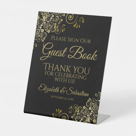 Black & Gold Please Sign our Guest Book Sign Sockelschild (Vorderseite)