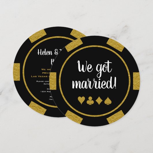 Black Gold Poker Chip Las Vegas Wedding Eloped Einladung (Vorne/Hinten)