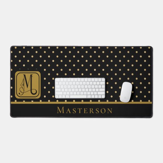Black & Gold Polka Dot Monogramm mit Nachname Schreibtischunterlage (Tastatur & Maus)