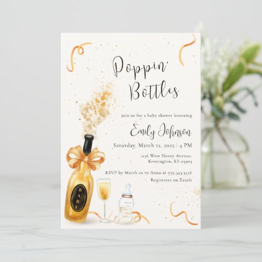 Black Gold Poppin Flaschen Champagne Baby Dusche Einladung (Stehend Vorderseite)