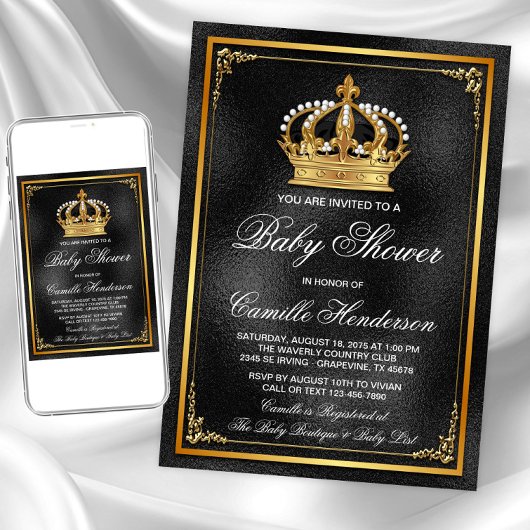 Black Gold Prince Baby Dusche Einladung
