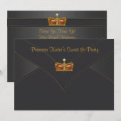 Black Gold Princess Crown Sweet 16 Party Einladung (Vorne/Hinten)