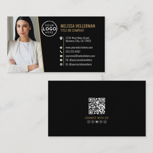 Black Gold Professional QR Code Photo Logo Visitenkarte (Vorne/Hinten)