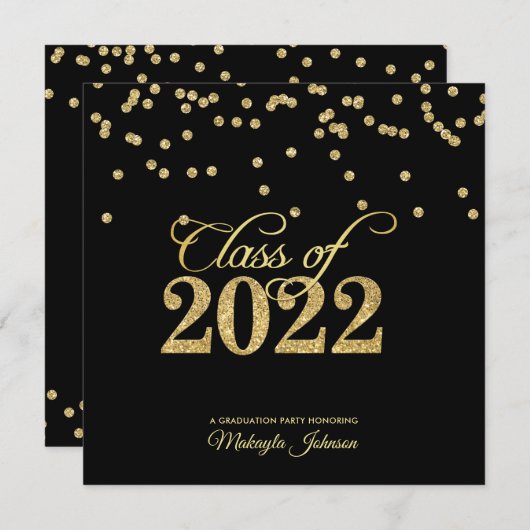 Black & Gold Punkt Glitzer Class of 2022 Party Einladung (Vorne/Hinten)