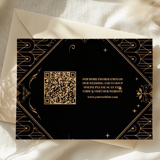 Black Gold QR Code Geometric Art Deco Hochzeit Begleitkarte