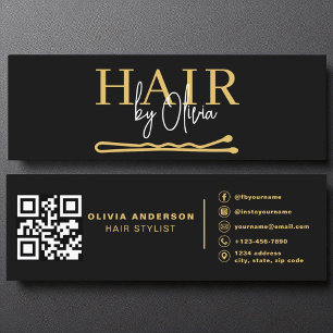 Black Gold QR Code Hair Stylist Black Mini Visitenkarte