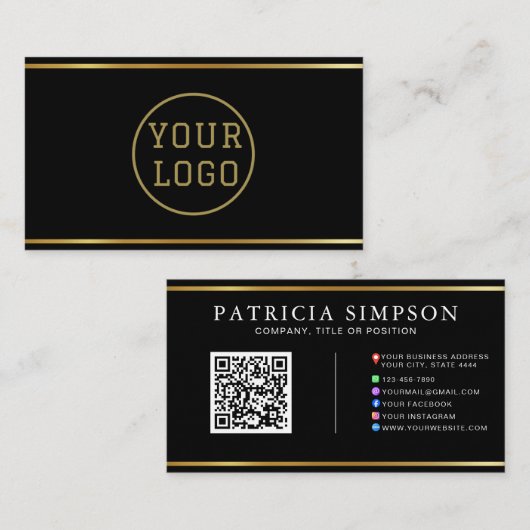 Black Gold QR Code | Logo and Social Media Icons Visitenkarte (Vorne/Hinten)