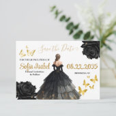 Black & Gold Quinceañera Save the Date Card (Stehend Vorderseite)