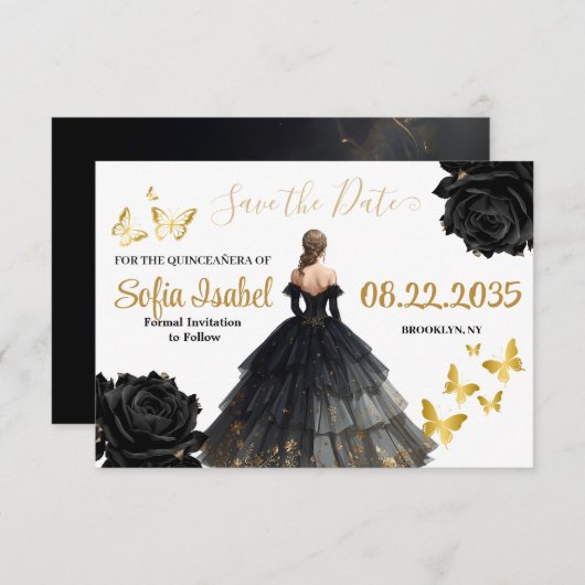 Black & Gold Quinceañera Save the Date Card (Vorne/Hinten)