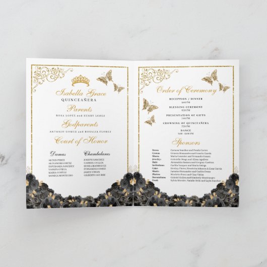 Black & Gold Quinceanera Tiara Butterflies Program Programm (Innenseite)