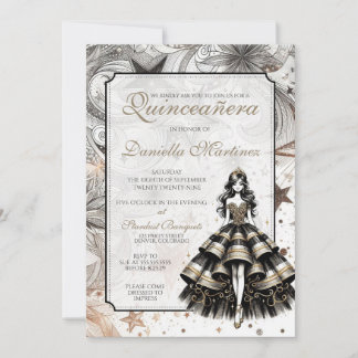 Black & Gold Quinceñera Girl Einladung