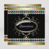 Black Gold Rainbow Quinceanera Einladung (Vorne/Hinten)