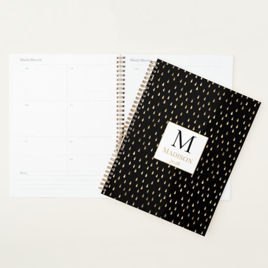 Black Gold Raindrop Modernes Trendy Monogram Planer (Anzeige)