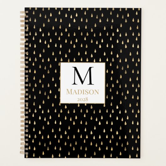 Black Gold Raindrop Modernes Trendy Monogram Planer (Vorderseite)