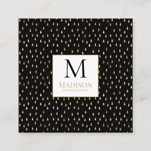 Black Gold Raindrop Modernes Trendy Monogram Quadratische Visitenkarte (Vorderseite)