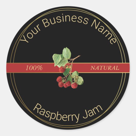Black & Gold Raspberry Jam Product Label Runder Aufkleber (Vorderseite)