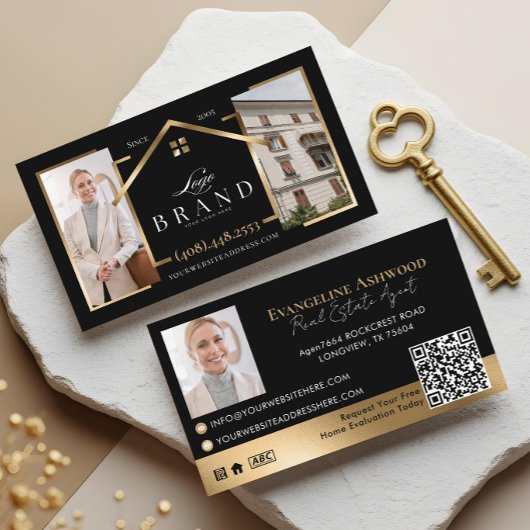 Black Gold Real Estate Agent Photo Logo QR Code Visitenkarte