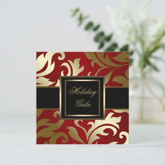 Black Gold Red Damask Feierlichkeiten Einladungen (Stehend Vorderseite)