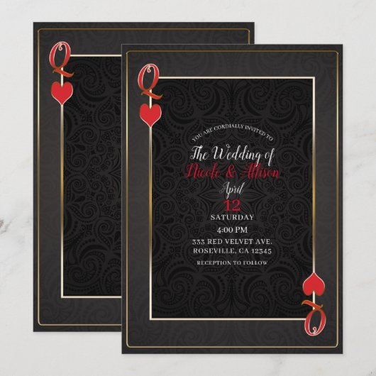 Black Gold & Red Queen of Hearts Elegante Hochzeit Einladung (Vorne/Hinten)
