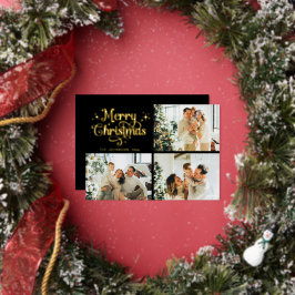 Black & Gold Retro Christmas Family Photo Collage Folien Feiertagskarte
