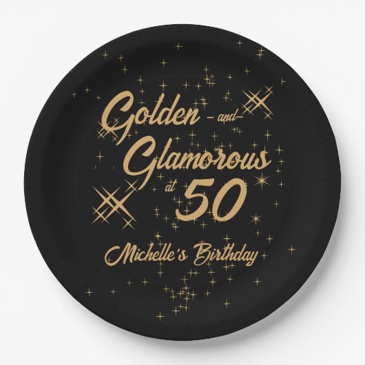 Black Gold Retro Golden Glamorous 50th Birthday Pappteller (Vorderseite)