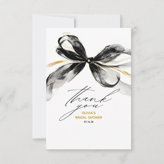 Black Gold Ribbon Bow Whimsical Bridal Shower Dankeskarte (Vorderseite)