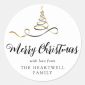 Black Gold Ribbon Tree Frohe Weihnachtsschrift Runder Aufkleber (Vorderseite)