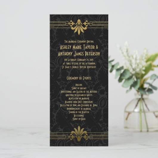 Black Gold Roaring 20er Jahre Art Deco Hochzeitspr Programm (Stehend Vorderseite)