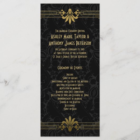 Black Gold Roaring 20er Jahre Art Deco Hochzeitspr Programm (Vorderseite)
