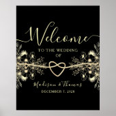 Black Gold Rope Heart Wedding Willkommenszeichen Poster (Vorne)