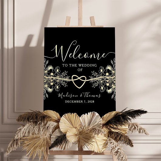 Black Gold Rope Heart Wedding Willkommenszeichen Poster