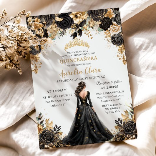 Black Gold Rose Blumendruckkleid Quinceañera Einladung