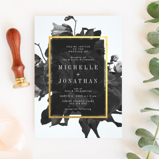 Black Gold Rose Bouquet Einladung zur Hochzeit