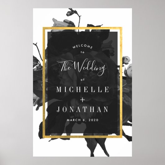 Black Gold Rose Bouquet Wedding Willkommens Poster (Vorne)