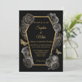 Black & Gold Rose Coffin Gotische Hochzeit Einladung (Stehend Vorderseite)