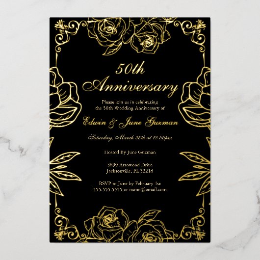 Black Gold Rose Garden 50. Hochzeitstag Folieneinladung (Vorderseite)