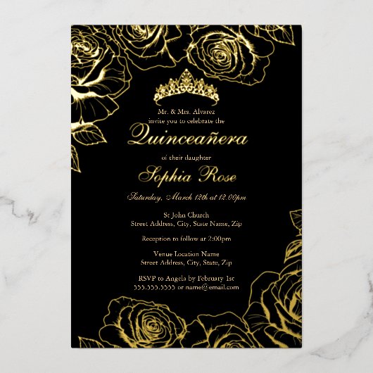 Black Gold Rose Garden Quinceanera Folieneinladung (Vorderseite)
