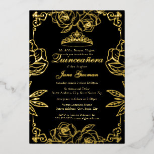 Black Gold Rose Garden Quinceanera Folieneinladung