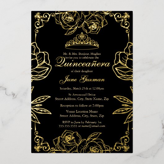 Black Gold Rose Garden Quinceanera Folieneinladung (Vorderseite)