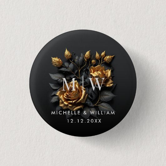Black Gold Rose Gothic Monogram Wedding Button (Vorderseite)