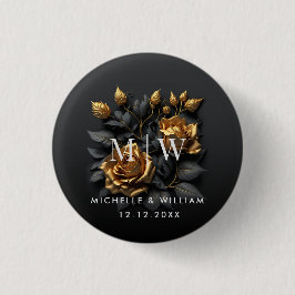 Black Gold Rose Gothic Monogram Wedding Button