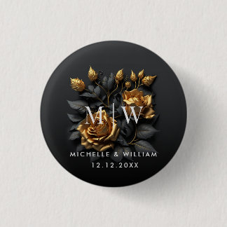 Black Gold Rose Gothic Monogram Wedding Button