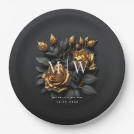 Black Gold Rose Gothic Monogram Wedding Pappteller