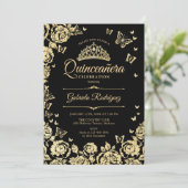 Black Gold Rose Schmetterlinge Quinceanera Foto Einladung (Stehend Vorderseite)